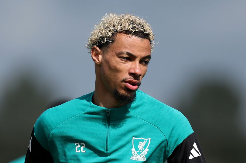 Hugo Ekitike of Liverpool looks on during a Liverpool FC Training Session at AXA Training Centre.