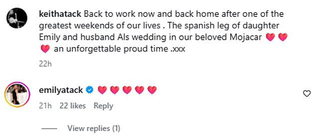 Emily Atack's parents pay tribute to her unforgettable wedding in Spain