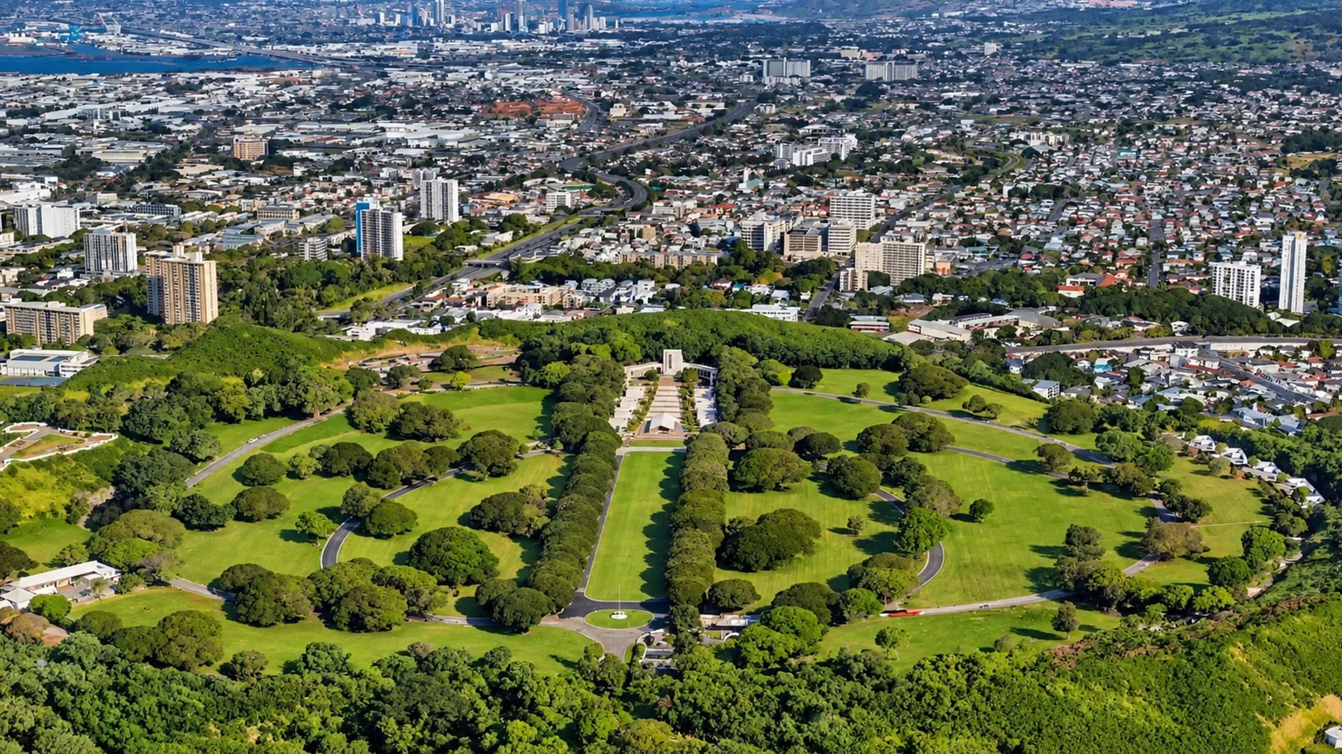 Punchbowl Crater and Honolulu cityscape aerial view