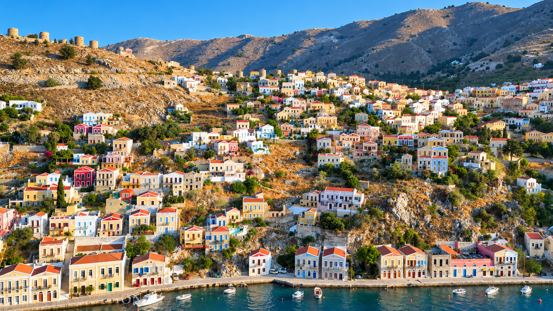 Symi’s harbor town climbs high into rocky hills
