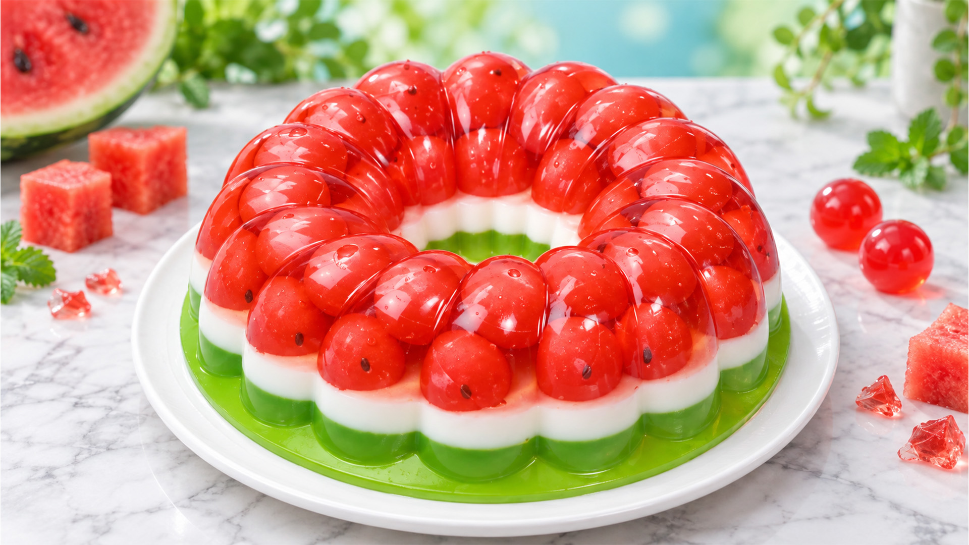 Watermelon jelly cake with fruit spheres