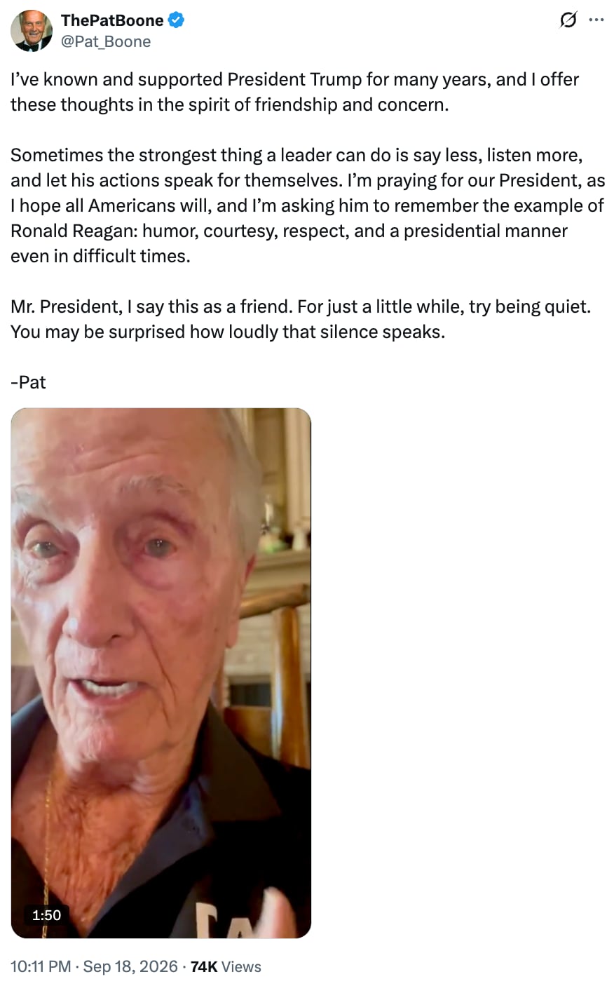 MAGA icon Pat Boone, 92, reads riot act to ‘tired’ Trump, 80