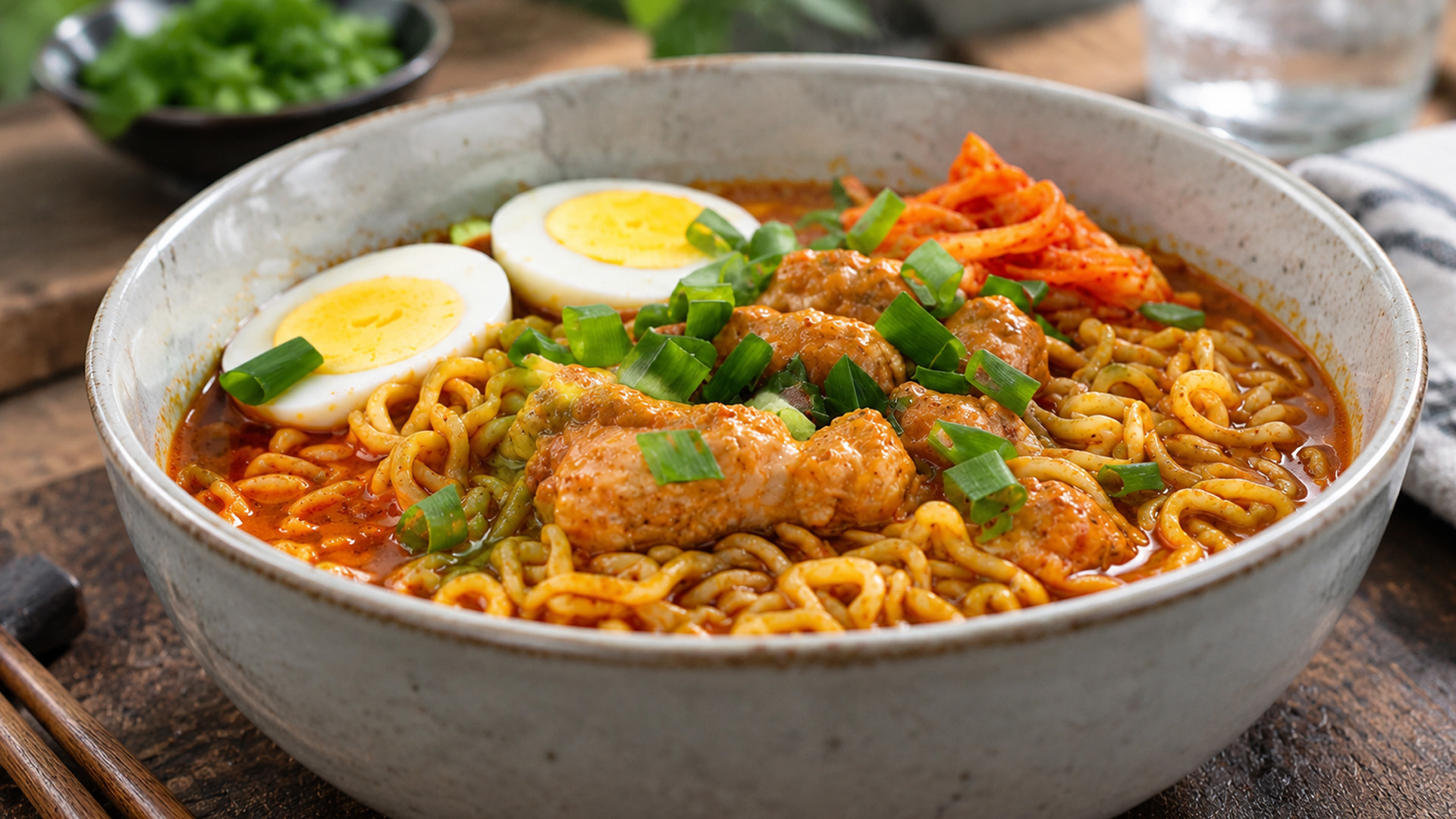Spicy chicken ramen loaded with comforting toppings
