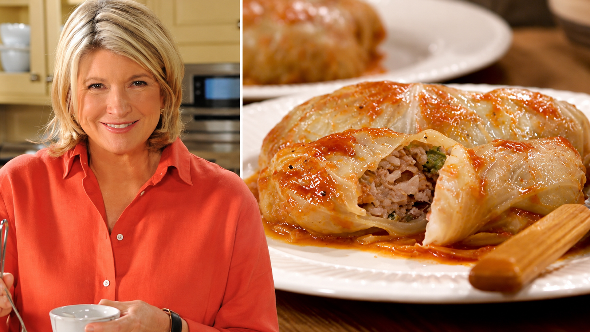 Ground beef cabbage rolls topped with savory tomato sauce