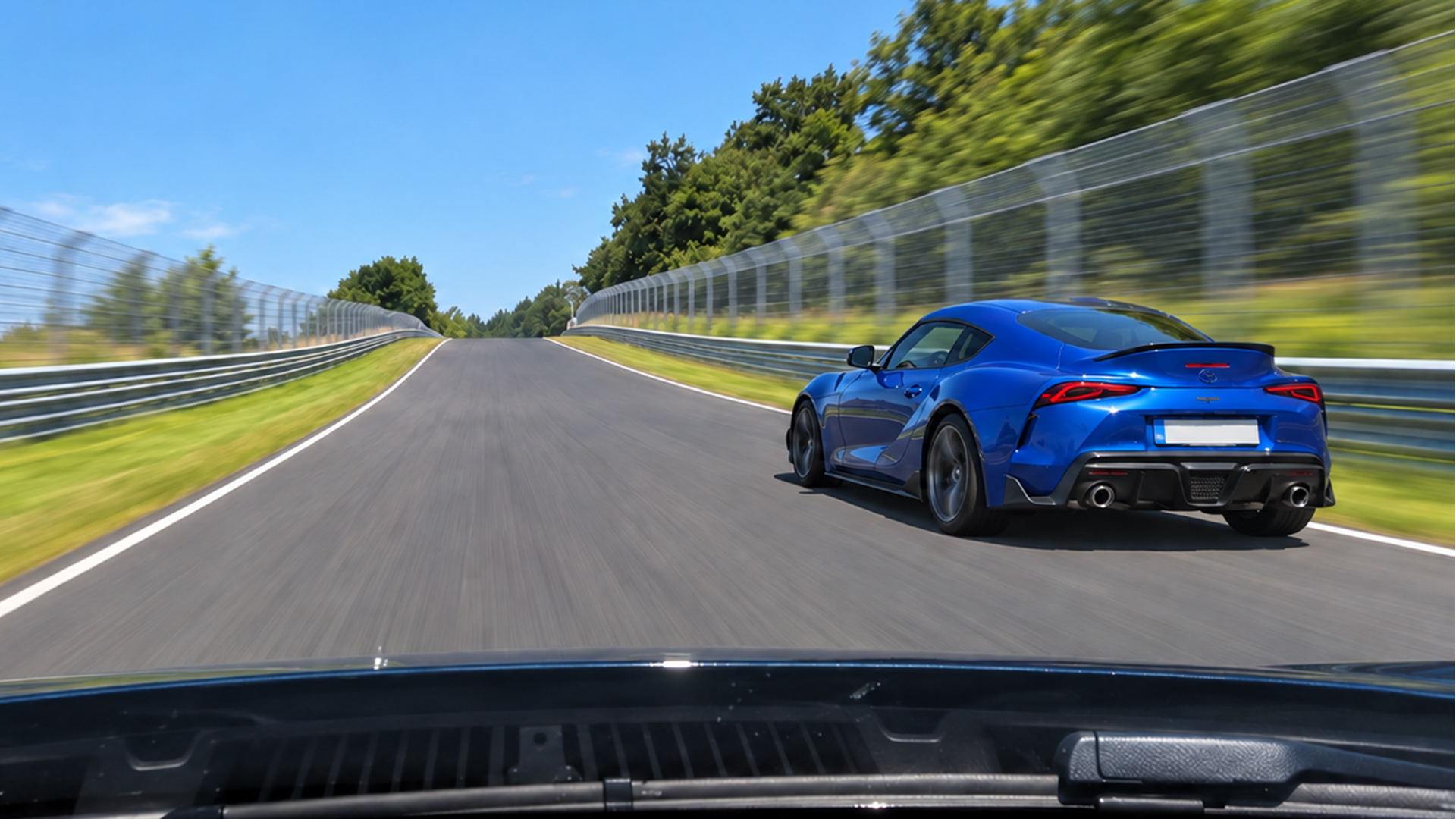 Driver blasts past Toyota GR Supra on Nürburgring straight