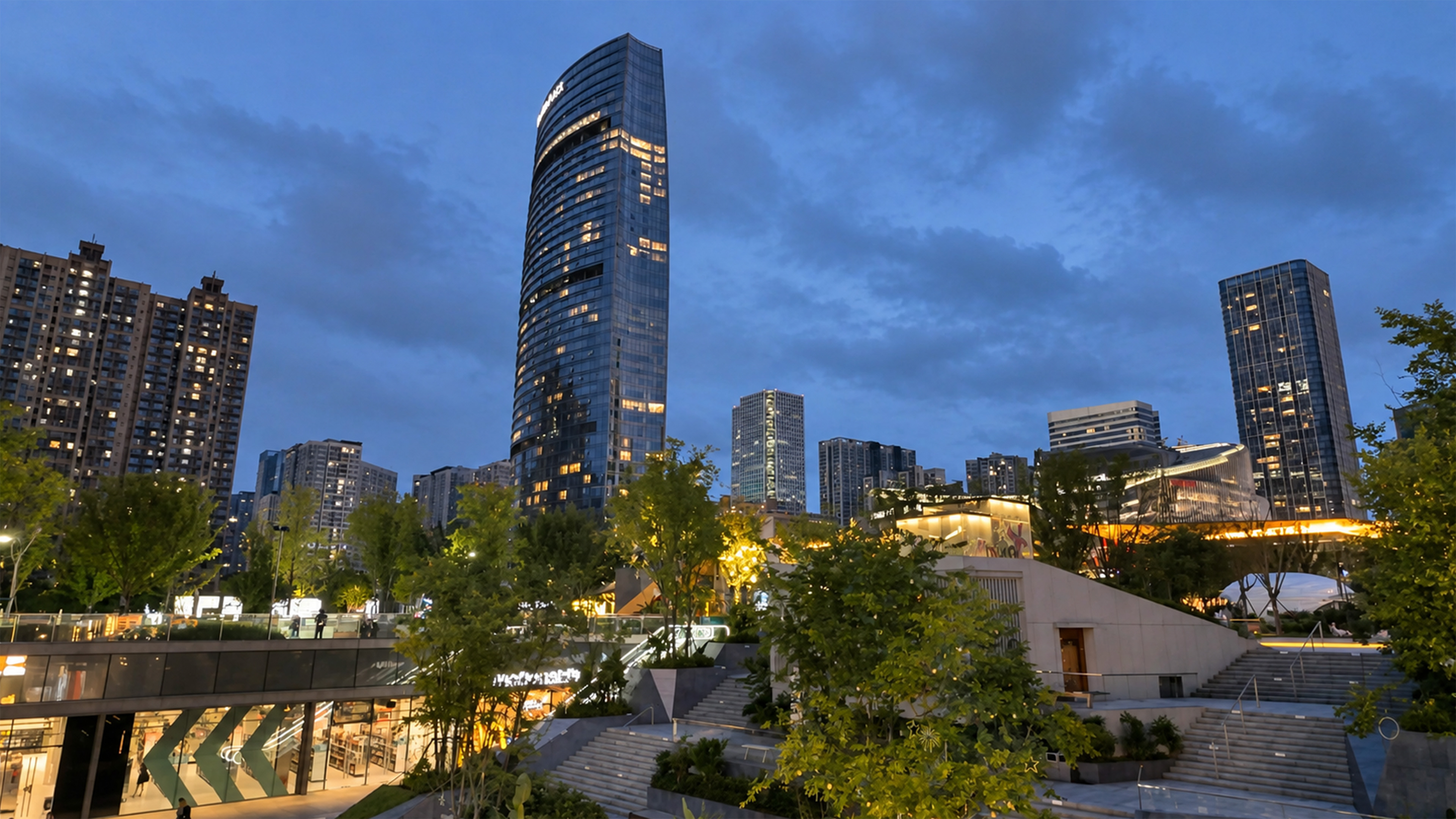 Futuristic China blends towering buildings with relaxed evening life