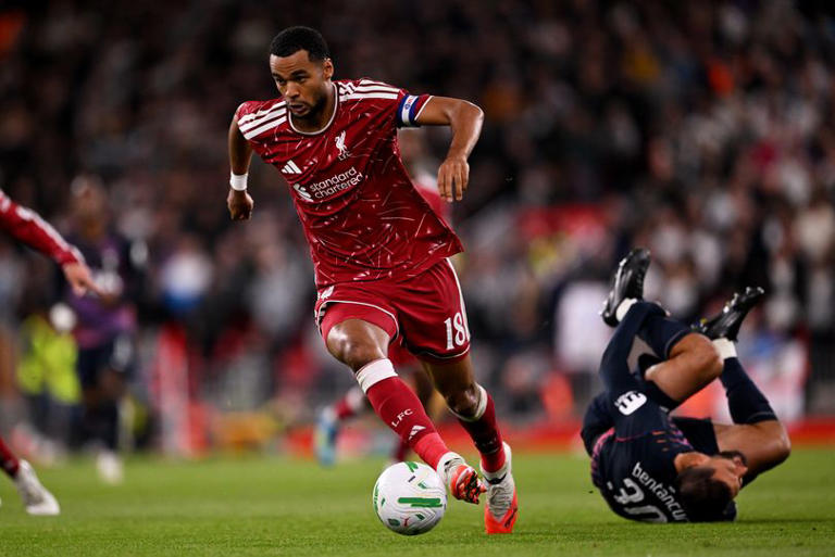 Cody Gakpo of Liverpool runs with the ball during the Carabao Cup match against Tottenham Hotspur at Anfield