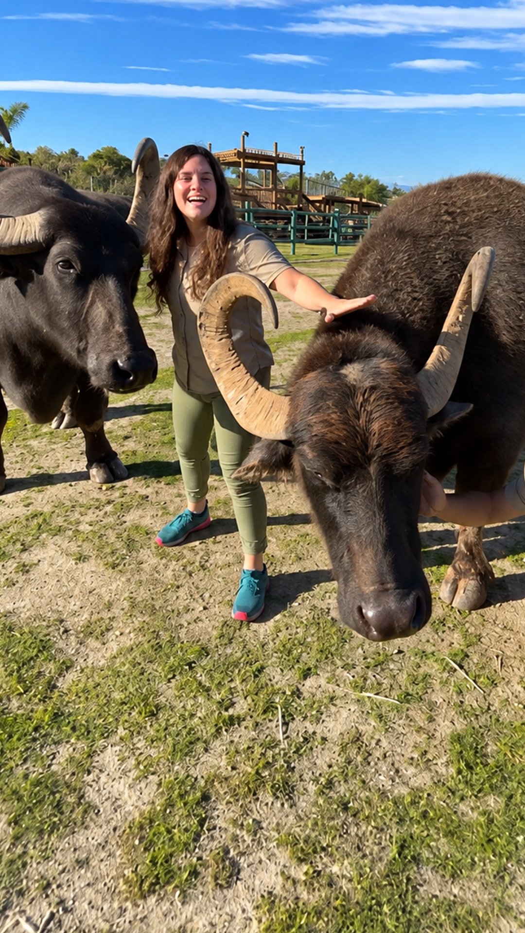 Standing beside a giant water buffalo highlights its massive scale