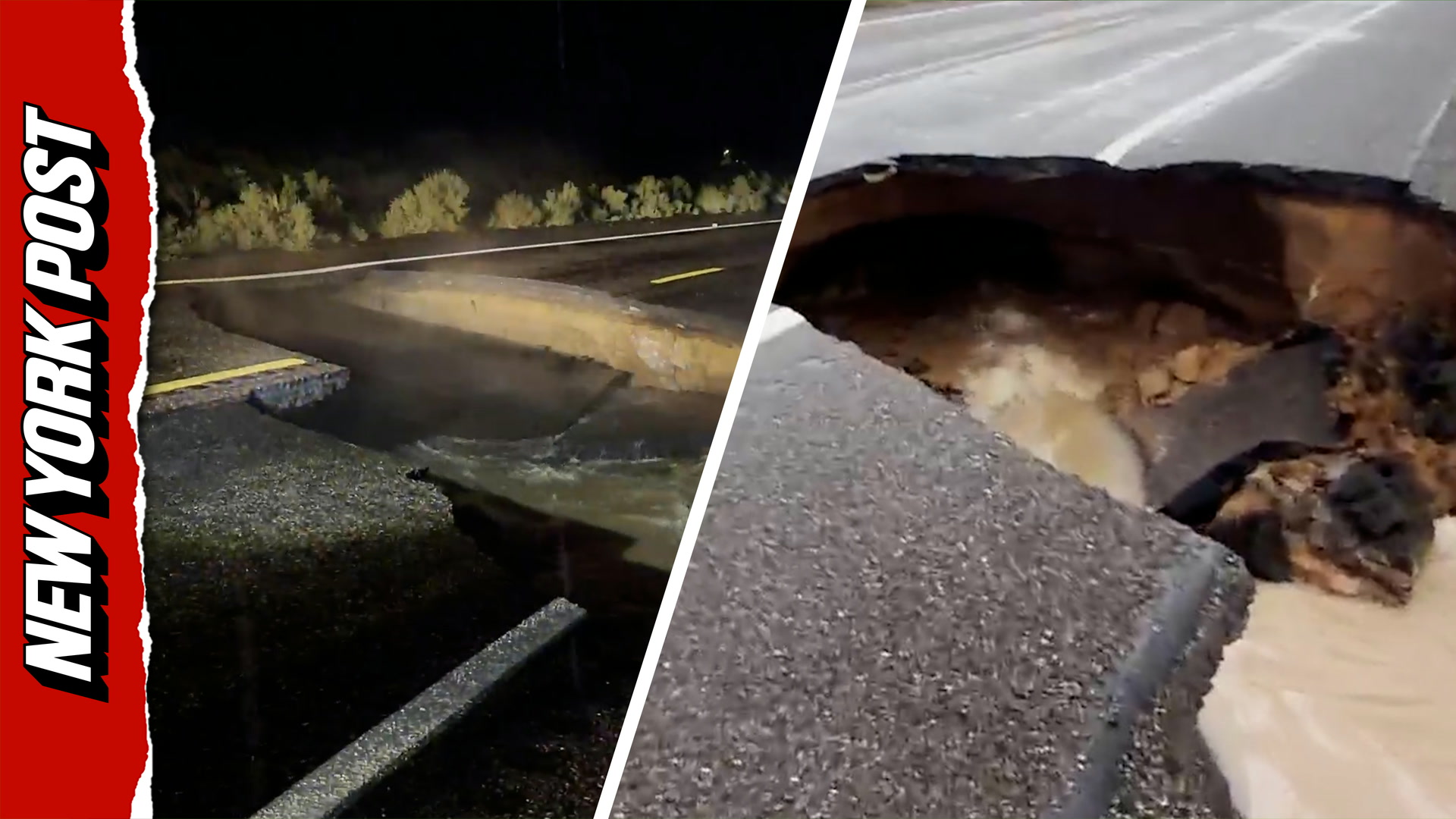 Moment roadway splits in two following fatal floods in Arizona