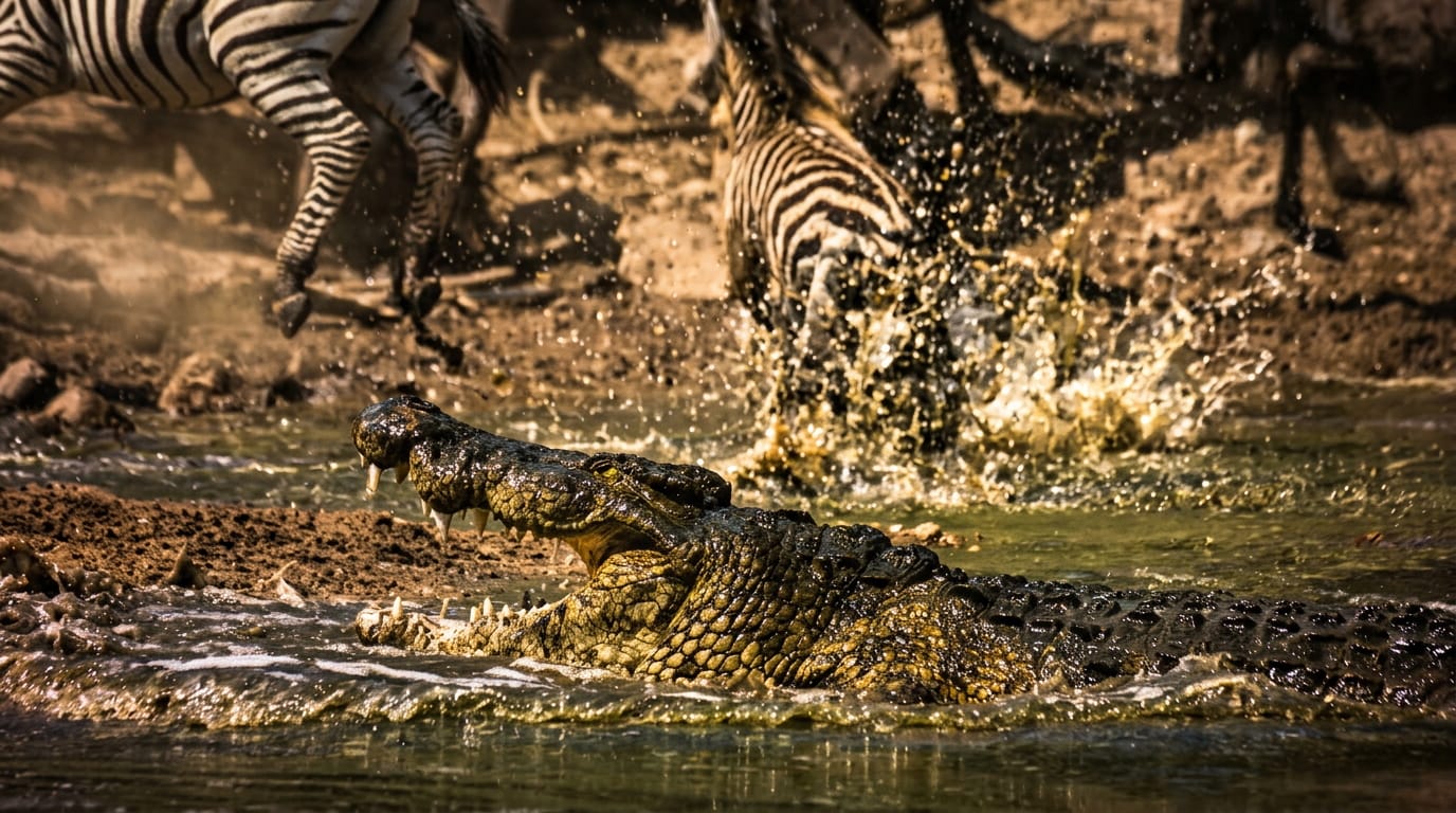 Zebra escapes the jaws of a crocodile by fighting back with a strike to ...