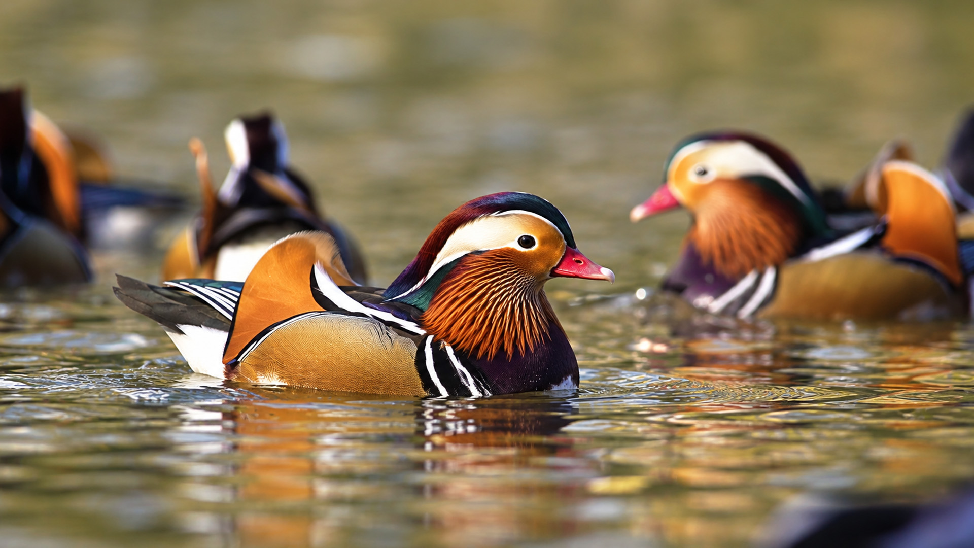 Colorful mandarin ducks glide through sunlit water on hidden camera