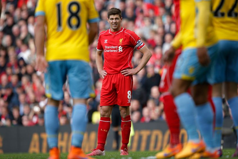 Gerrard weighs up a free-kick during Steven Gerrard's final game at Anfield the Liverpool v Crystal Palace