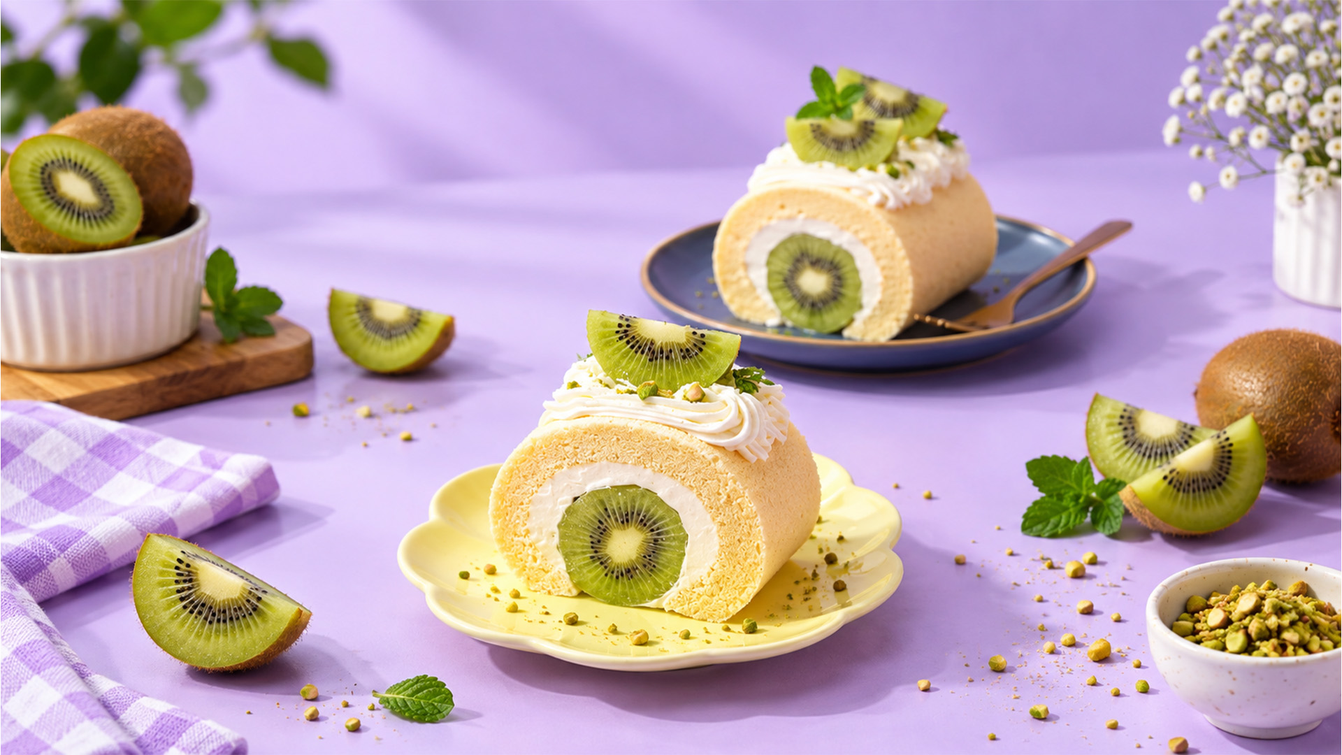 Fresh kiwi and cream sponge cake rolls