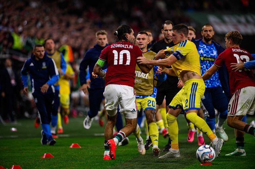 Dominik Szoboszlai of Hungary in action against Mykola Matviyenko of Ukraine during the UEFA Nations League 2026/27 group phase match between Hungary and Ukraine