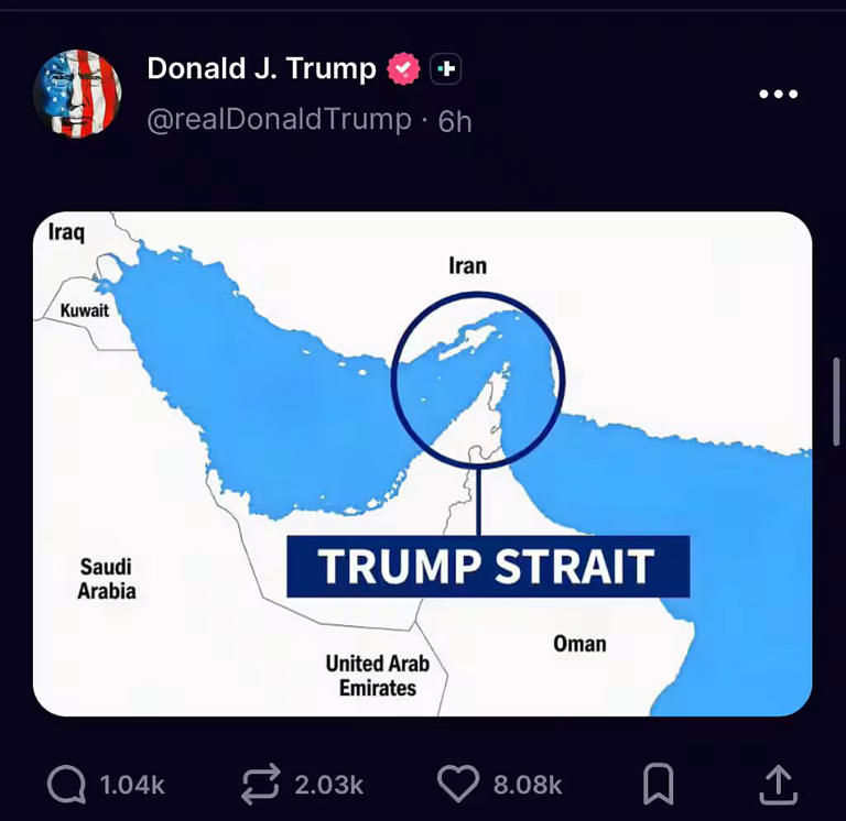 Trump posts map showing 'Trump Strait' off Iran, and other Mideast ...