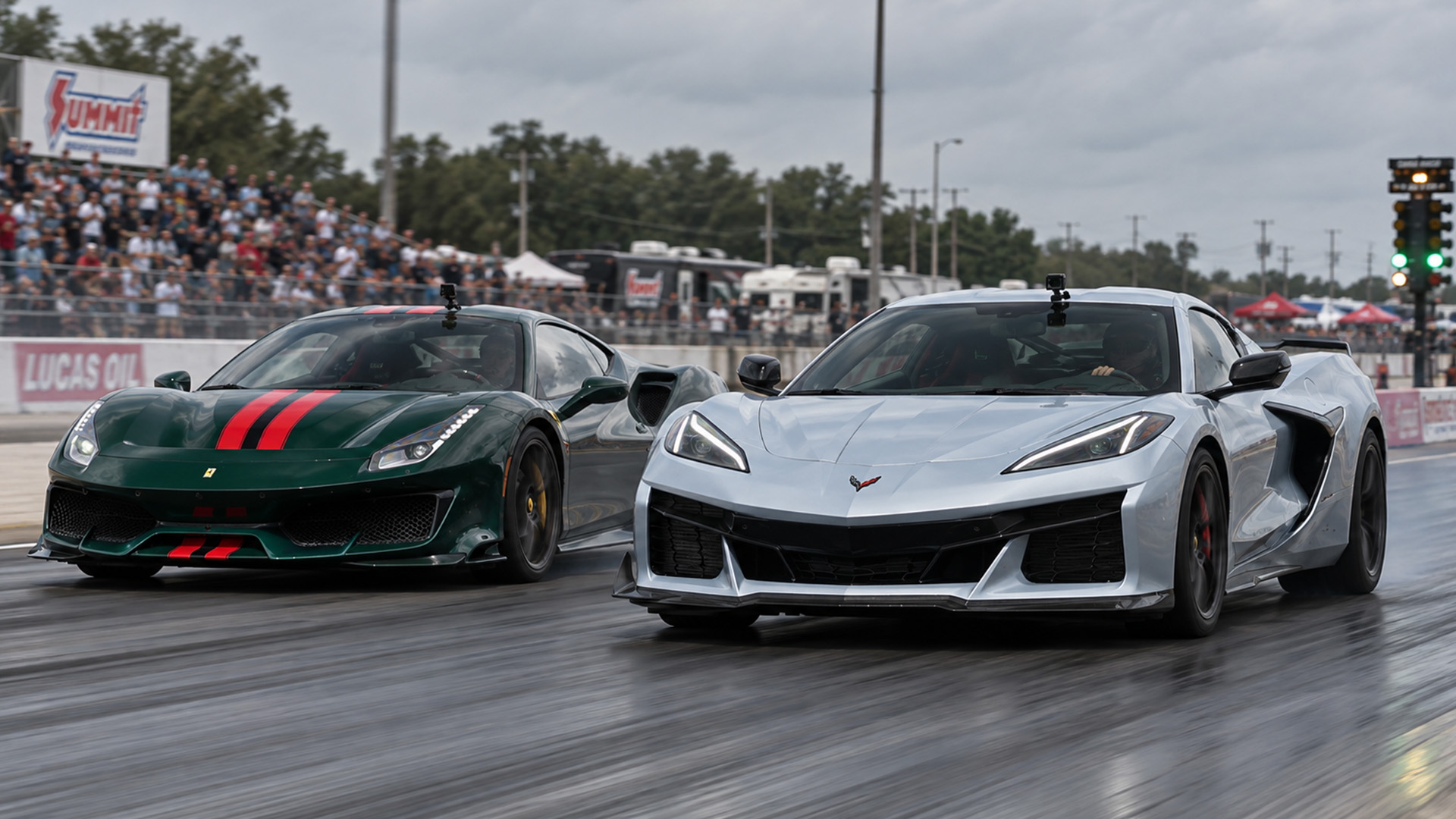 Ferrari Pista chases down the Corvette Z06 in drag race