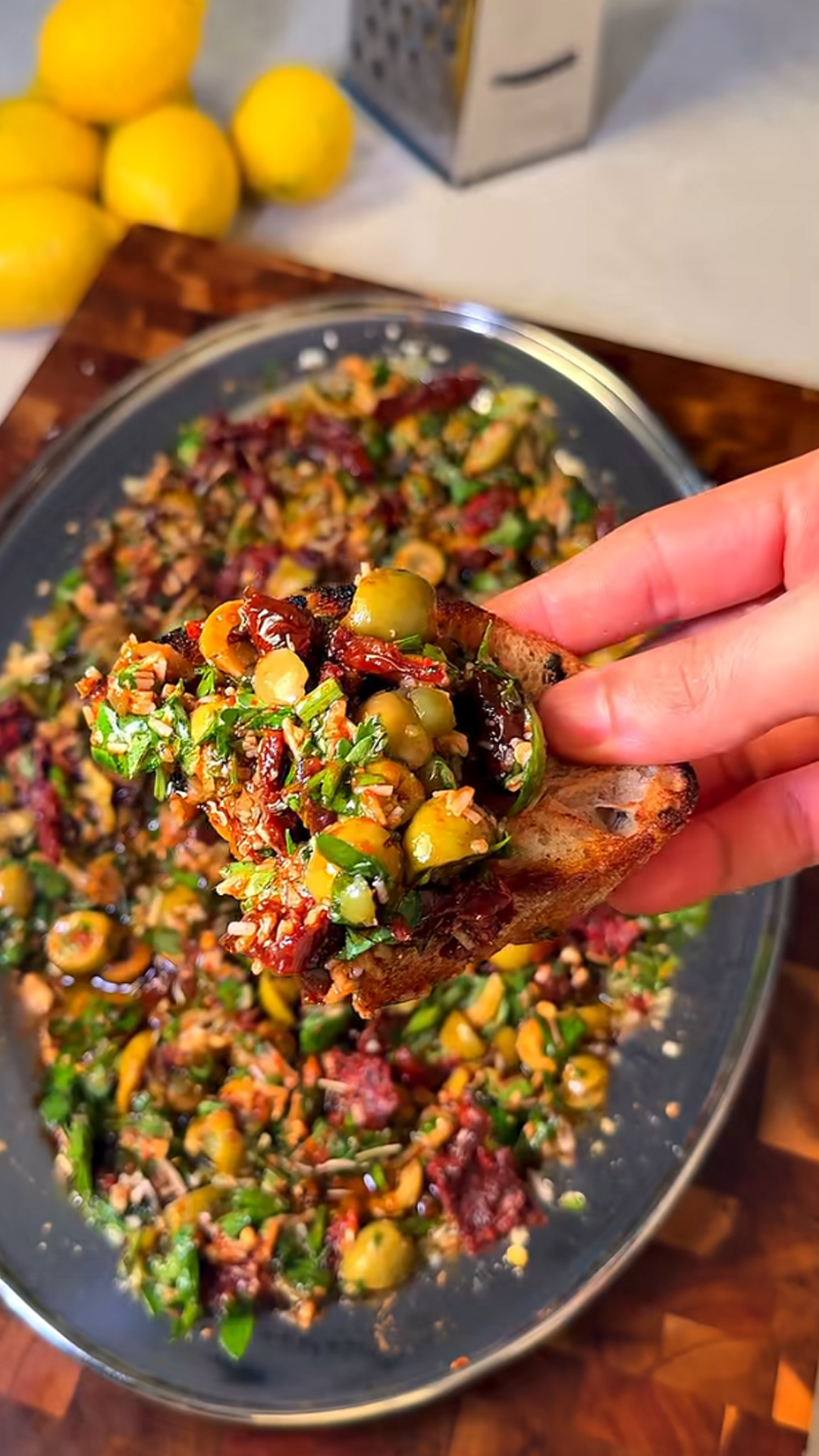 Easy homemade olive bruschetta with crispy toasted baguette