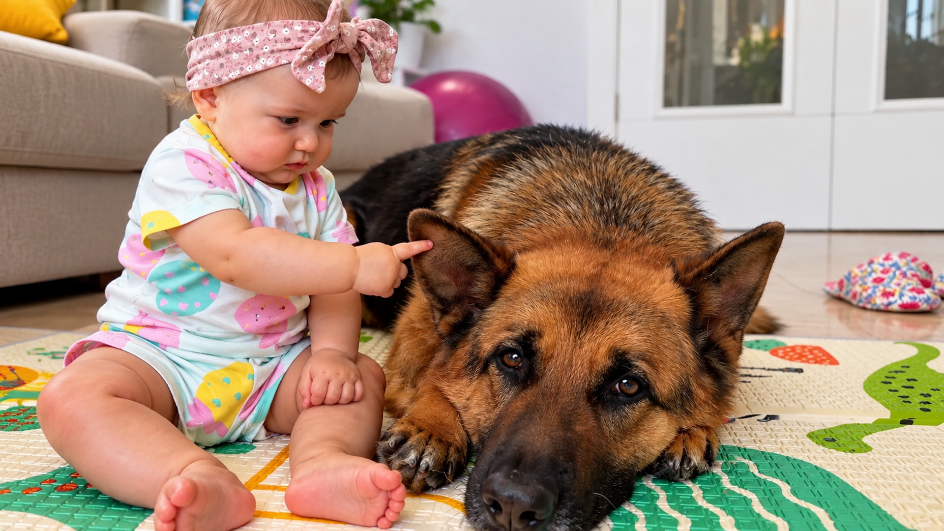 Patient German shepherd lets a baby explore his ears
