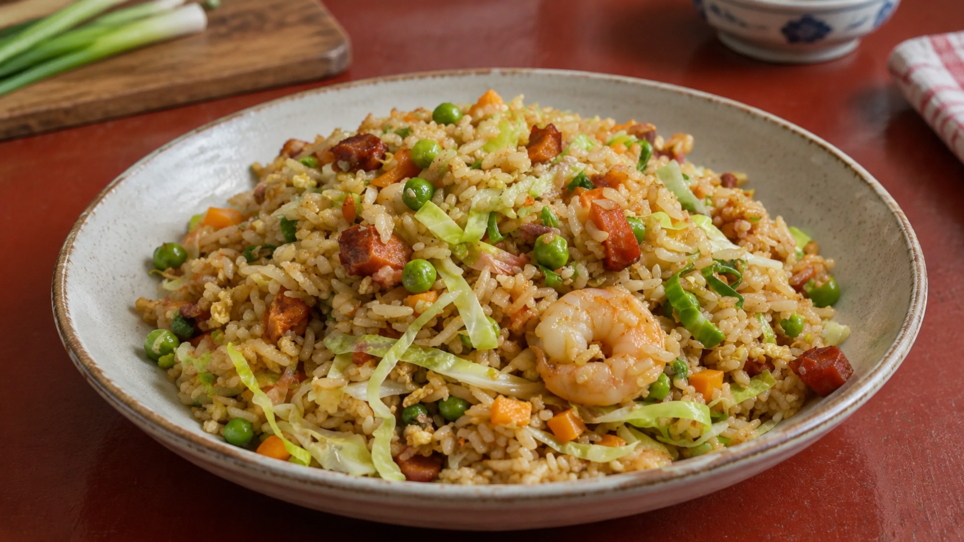 Yang Chow fried rice packed with shrimp and char siu