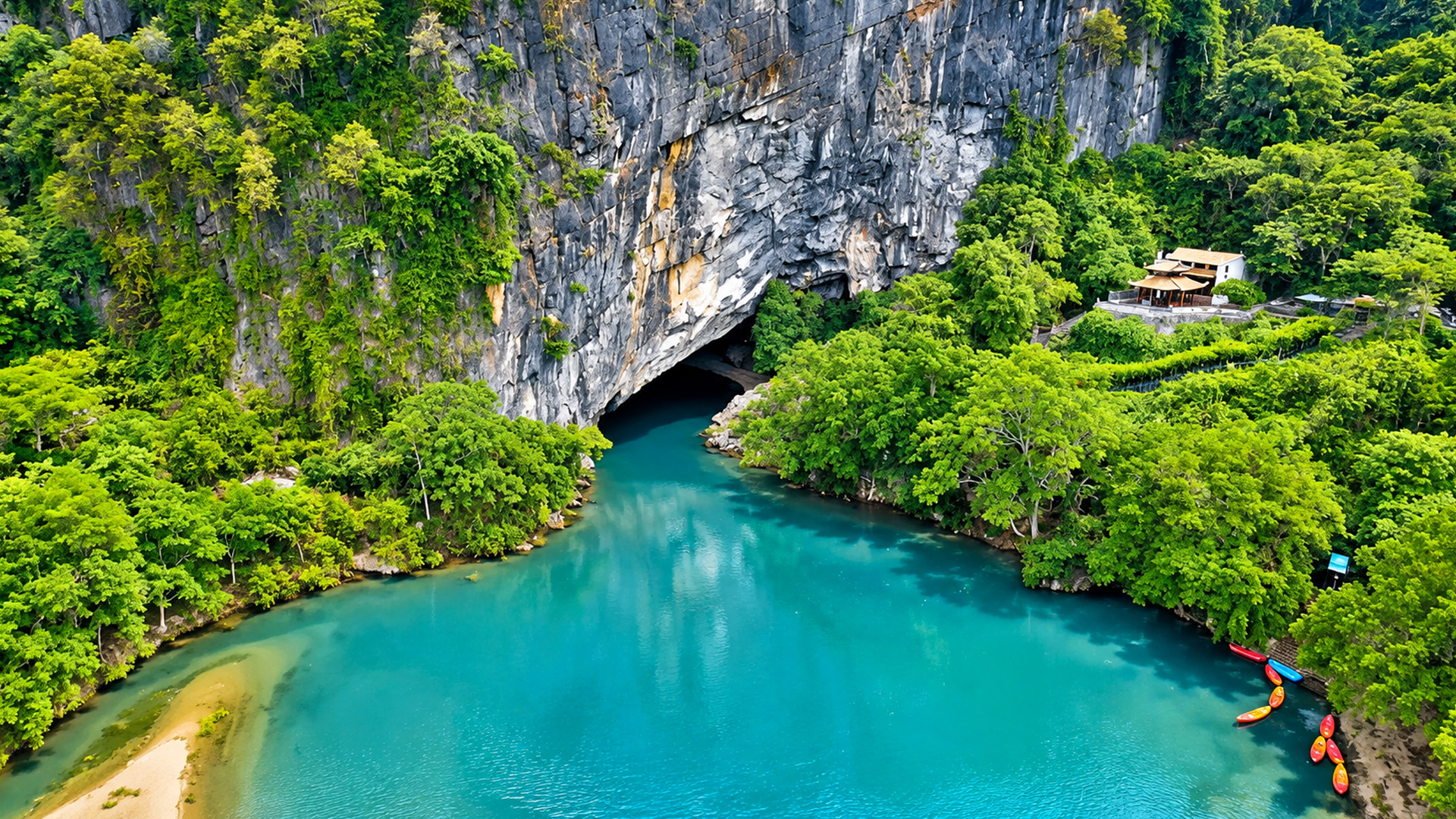 Hidden river entrance beneath towering limestone cliffs