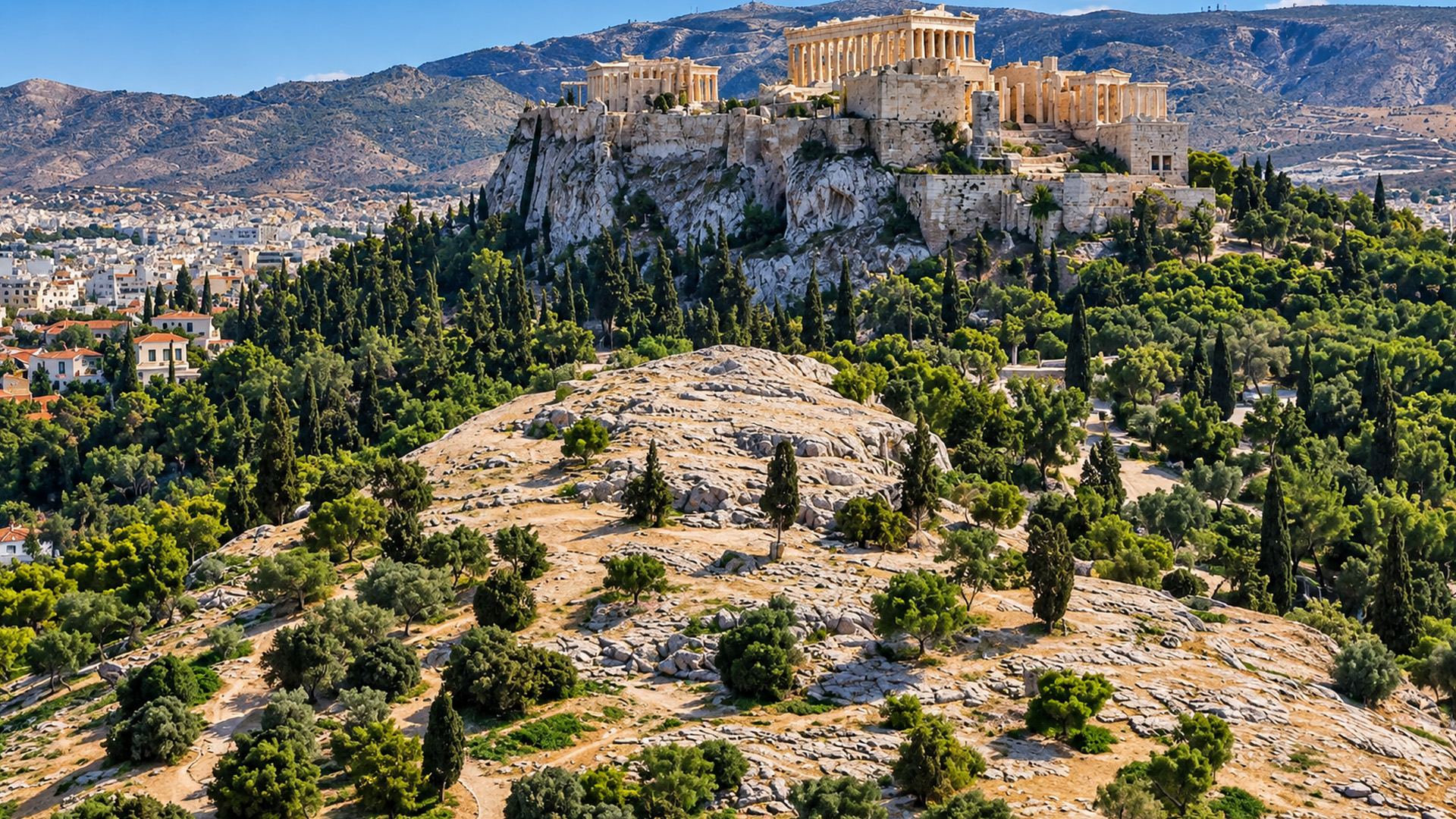 Rocky Areopagus hill facing the Acropolis of Athens