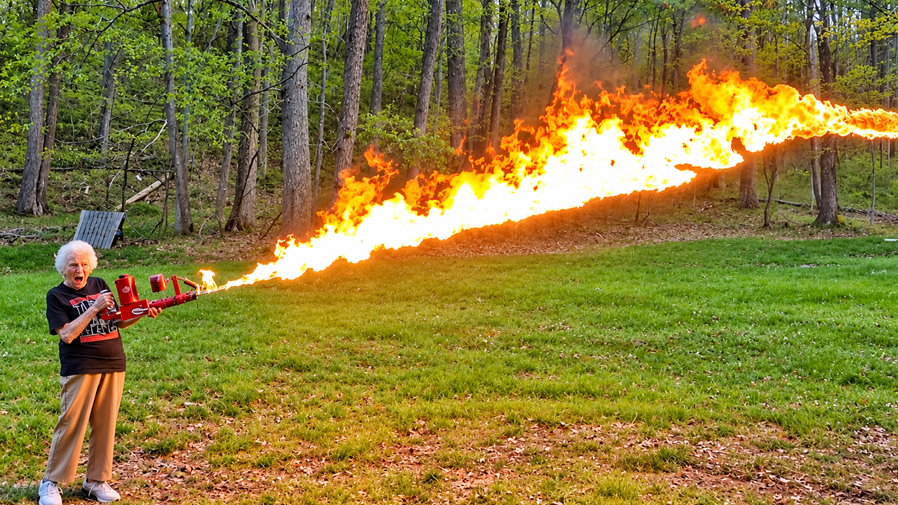 Granny tests a flamethrower against massive firecracker challenge