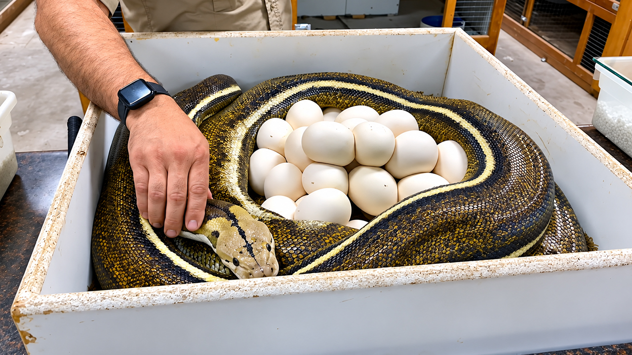 39 panda pied python eggs hidden under a giant mother