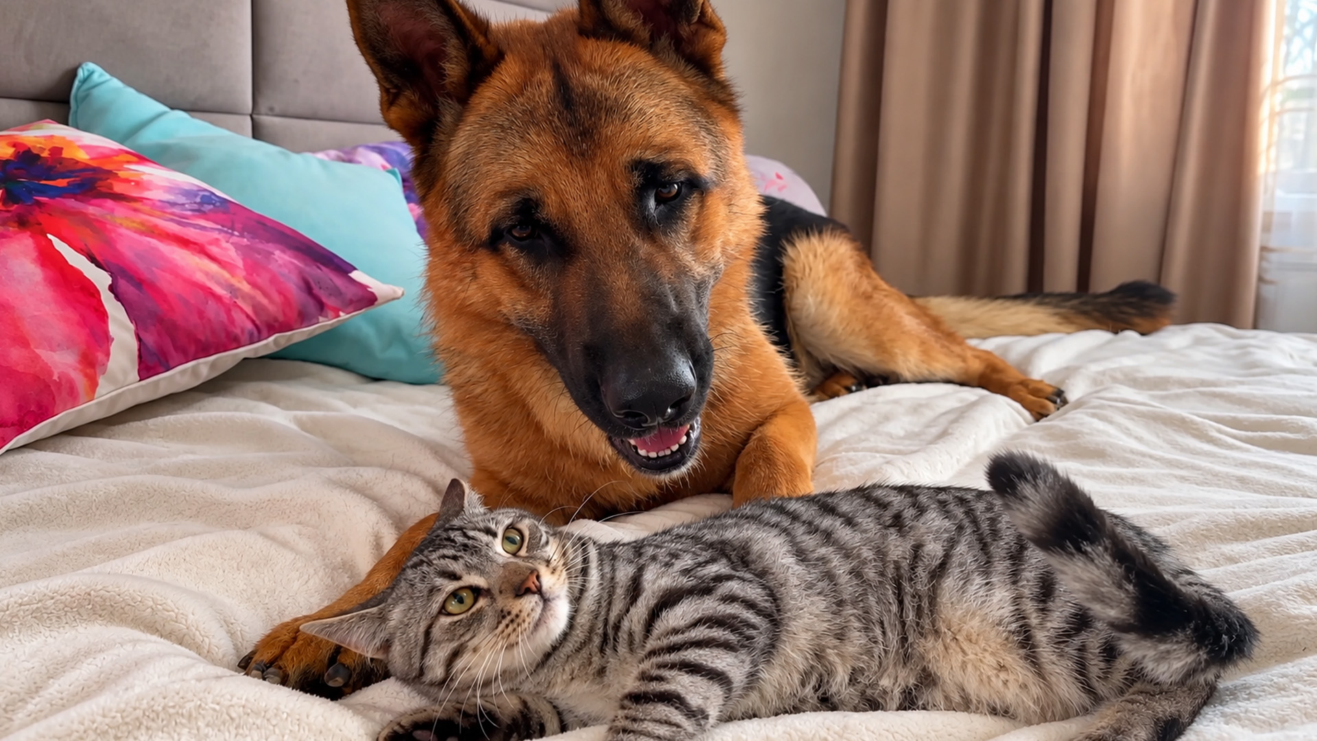 Kitten ignores the German shepherd’s gentle attempts to play