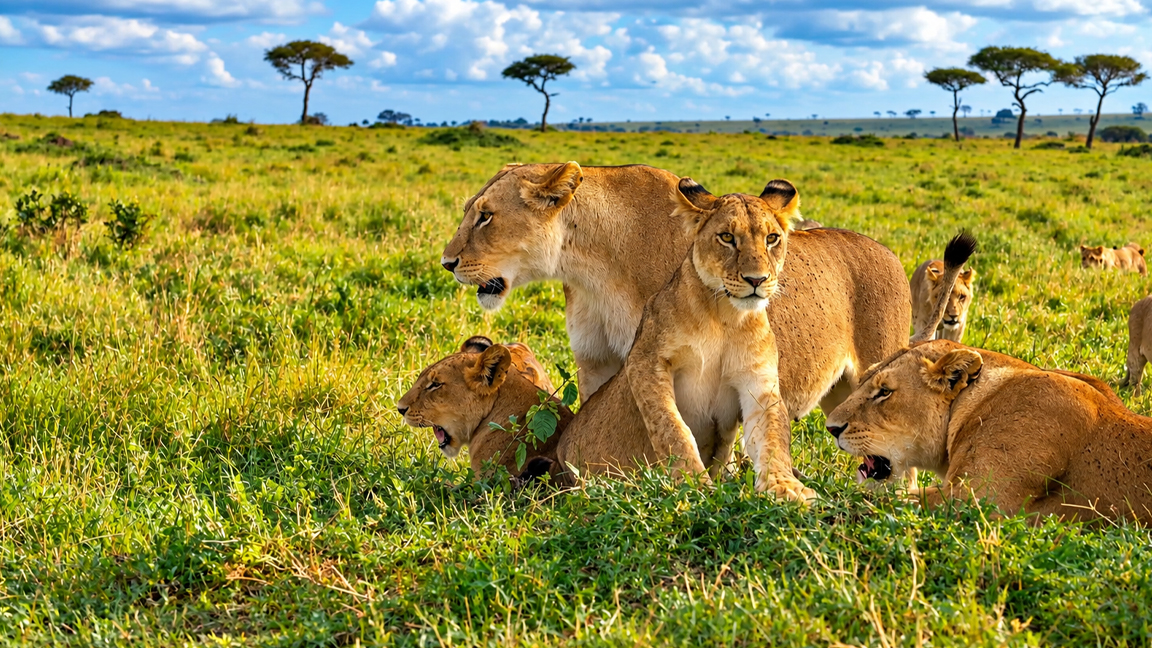 Lion pride resting together across the African savanna
