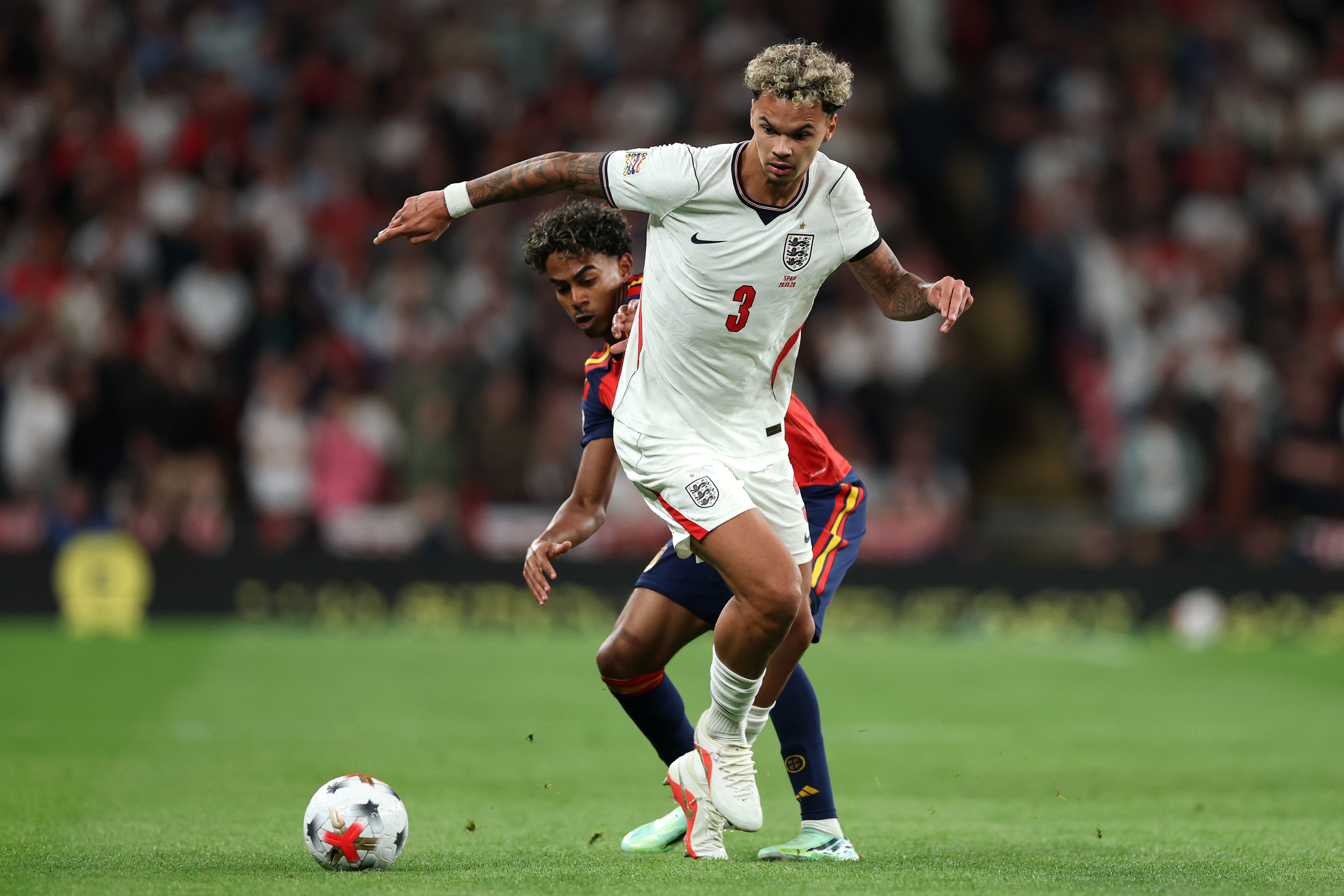 Nico O'Reilly of England holds off Yamal (Getty)
