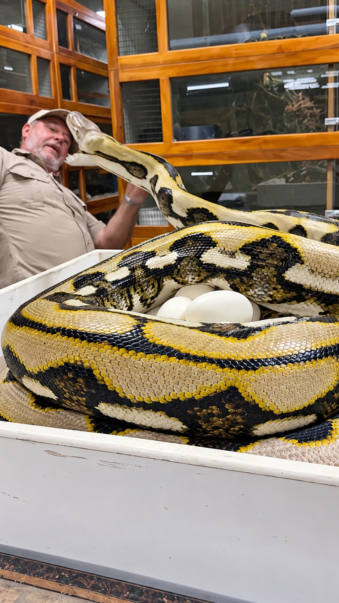 Guarding her eggs, a giant python nearly tags handler twice
