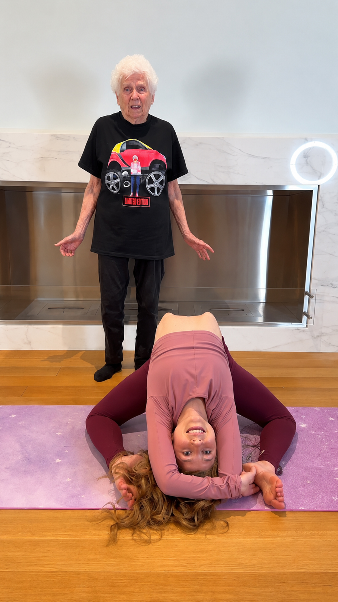 Grandma tries extreme flexibility stretches with hilarious reactions