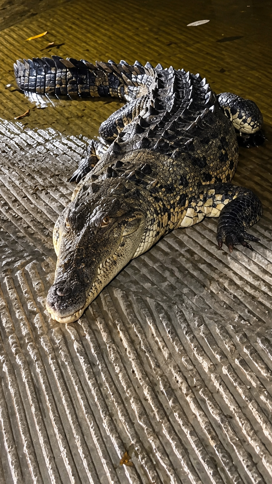 Finding a wild American crocodile on dark boat ramp