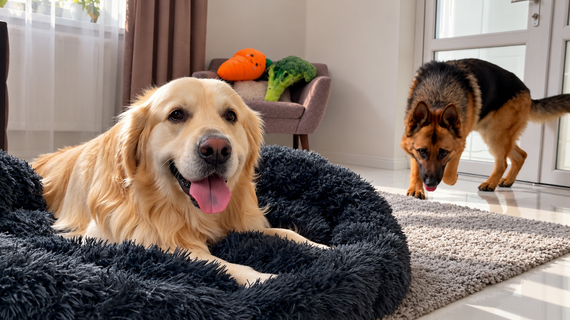 Golden retriever refuses to share with a persistent German shepherd