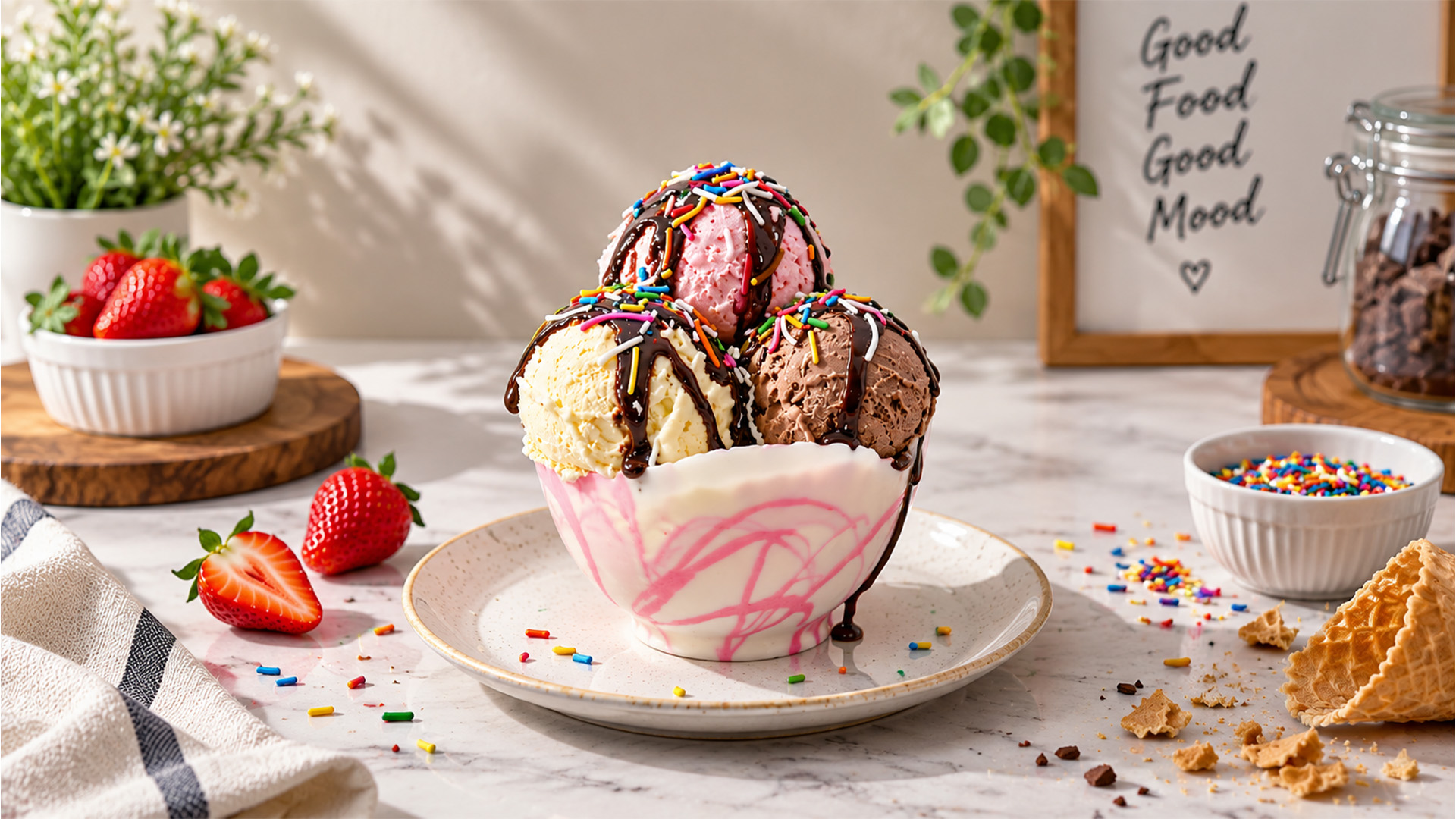 Ice cream scoops nestled inside a chocolate bowl