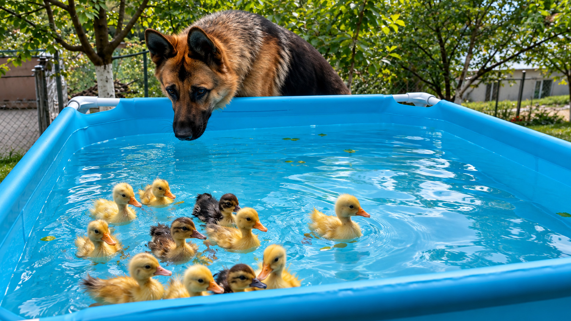 Curious German shepherd keeps watch over swimming ducklings