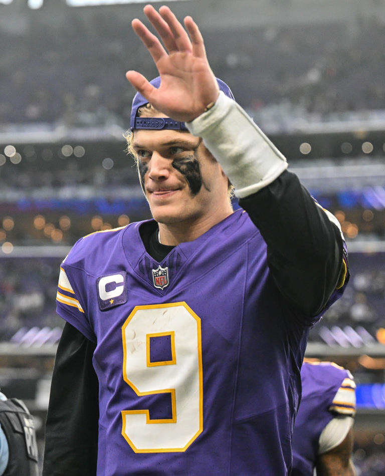 Jan 4, 2026; Minneapolis, Minnesota, USA; Minnesota Vikings quarterback J.J. McCarthy (9) walks off the field after the game against the Green Bay Packers at U.S. Bank Stadium. Mandatory Credit: Jeffrey Becker-Imagn Images