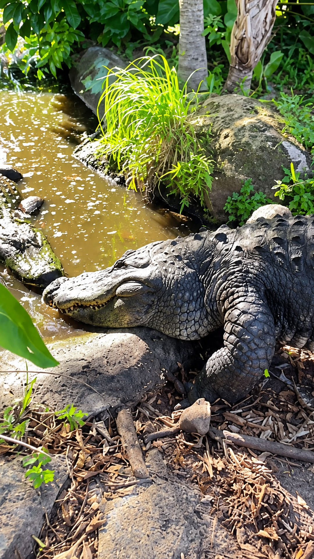 Massive male American alligator standing next to an adult female