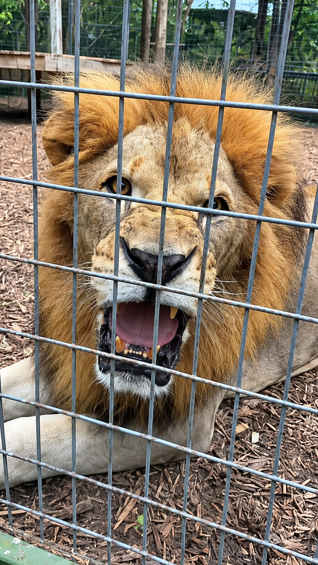 Lion's loud roar sends a startled man jumping backward