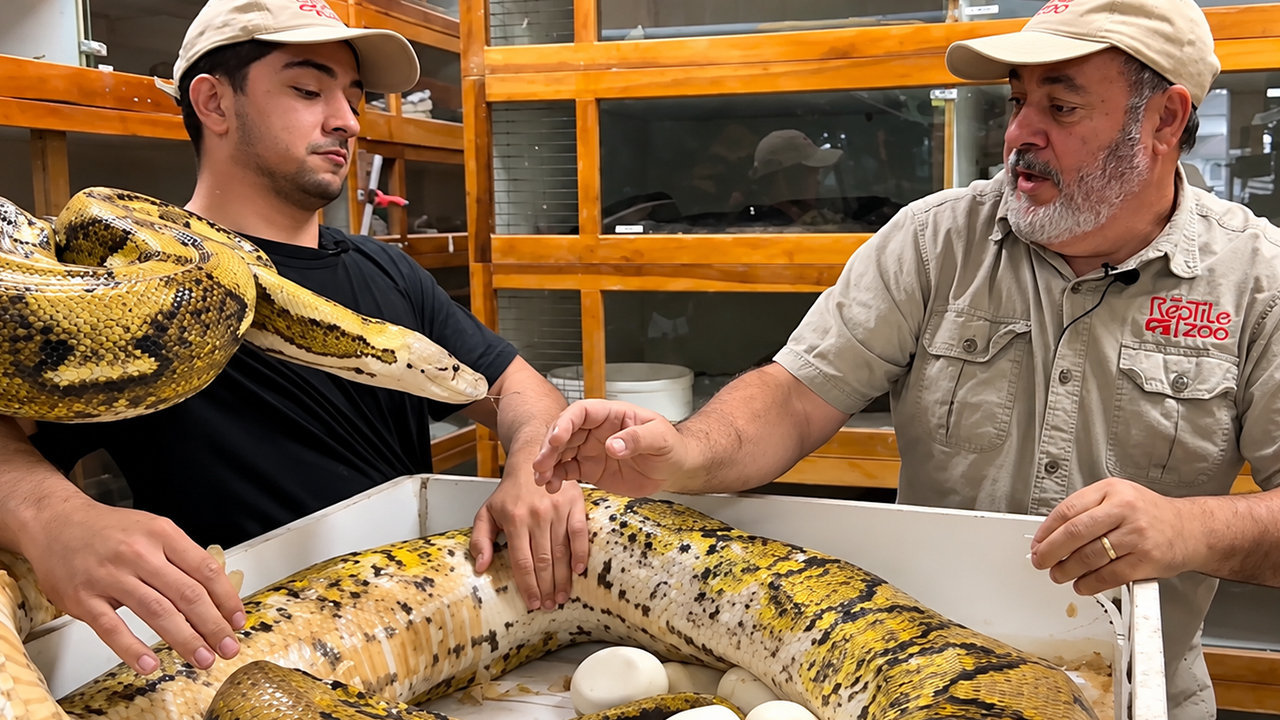 Giant python protects a massive nest of 65 eggs