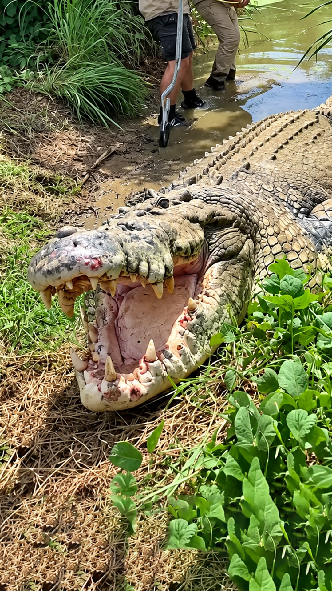 Measuring a giant alligator gets risky when it suddenly moves