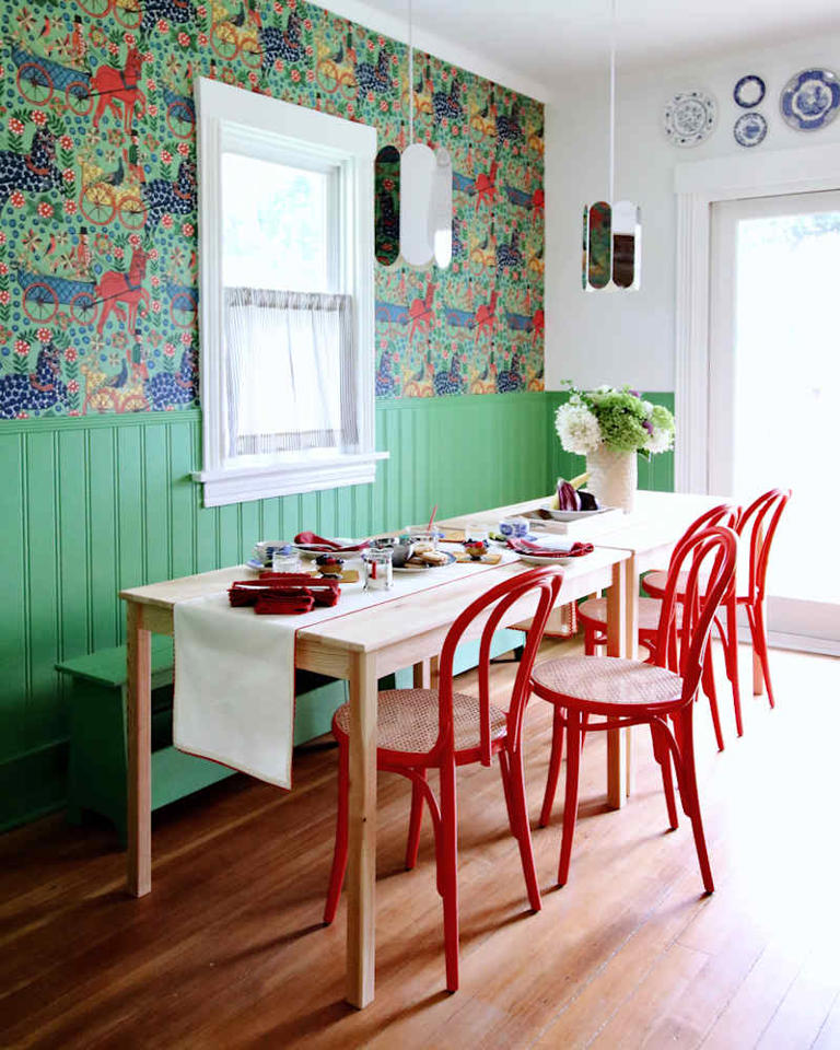 A blank dining room got a bold red, blue, and green makeover