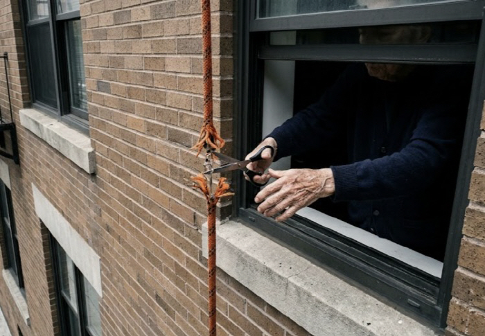 I wanted to use it as a clothesline... elderly man cuts safety rope ...