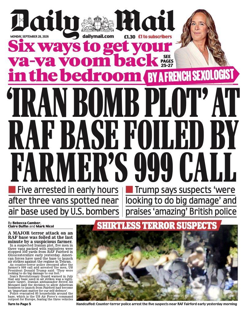 'Iran link to RAF bomb plot' and 'Tax rise talks at No 10'