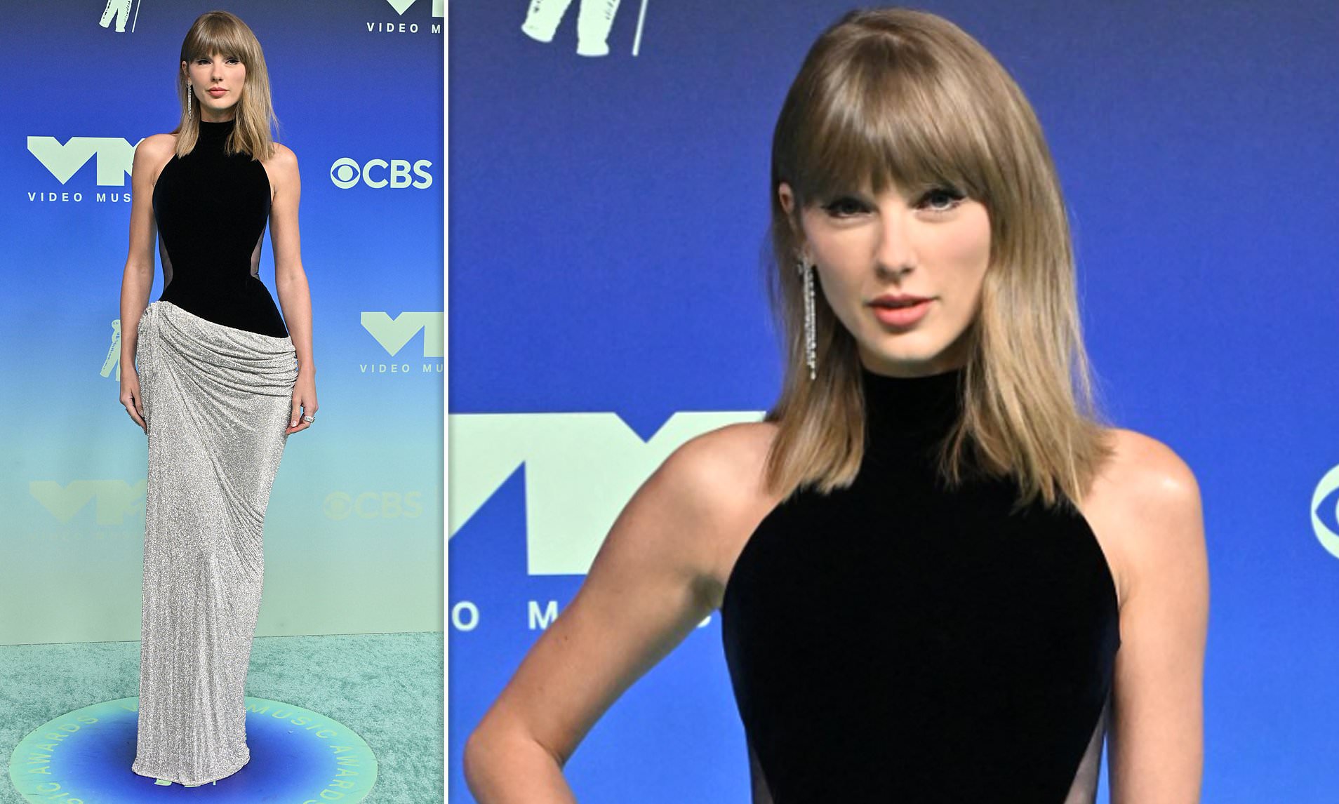 Taylor Swift shows off very tiny waist in two-toned gown as she arrives at VMAs without Travis Kelce