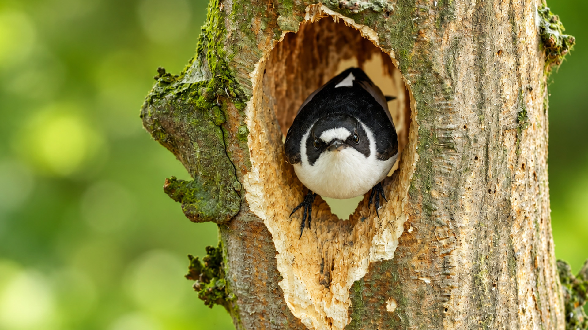 Small songbird watches from a tree cavity on hidden camera