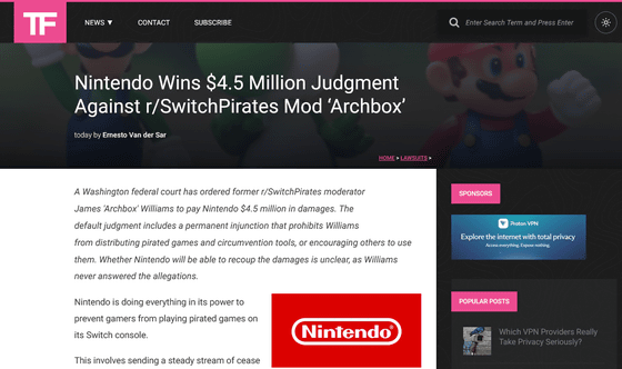 RedditでNintendo Switchの海賊版ゲームを宣伝していたモデレーターが任天堂に7億円超の支払いを命じられる