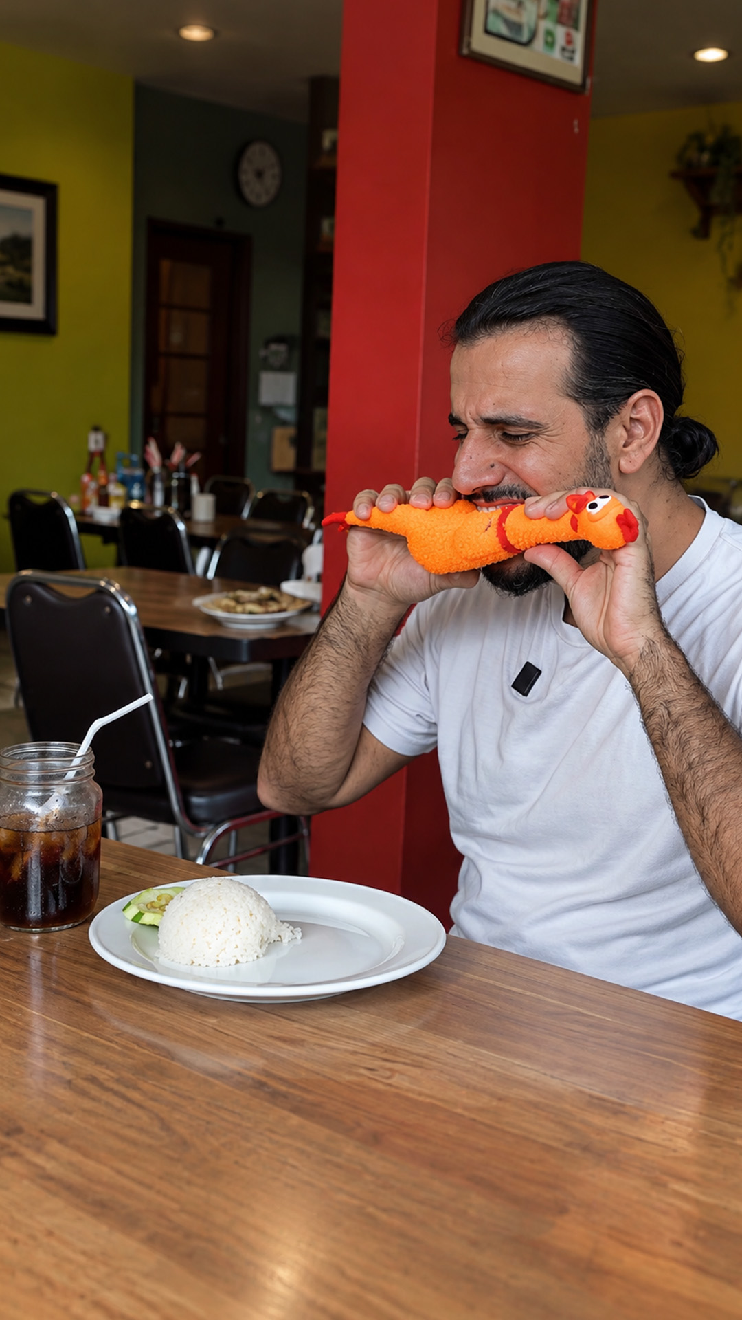 He refused to pay after seeing rubber chicken