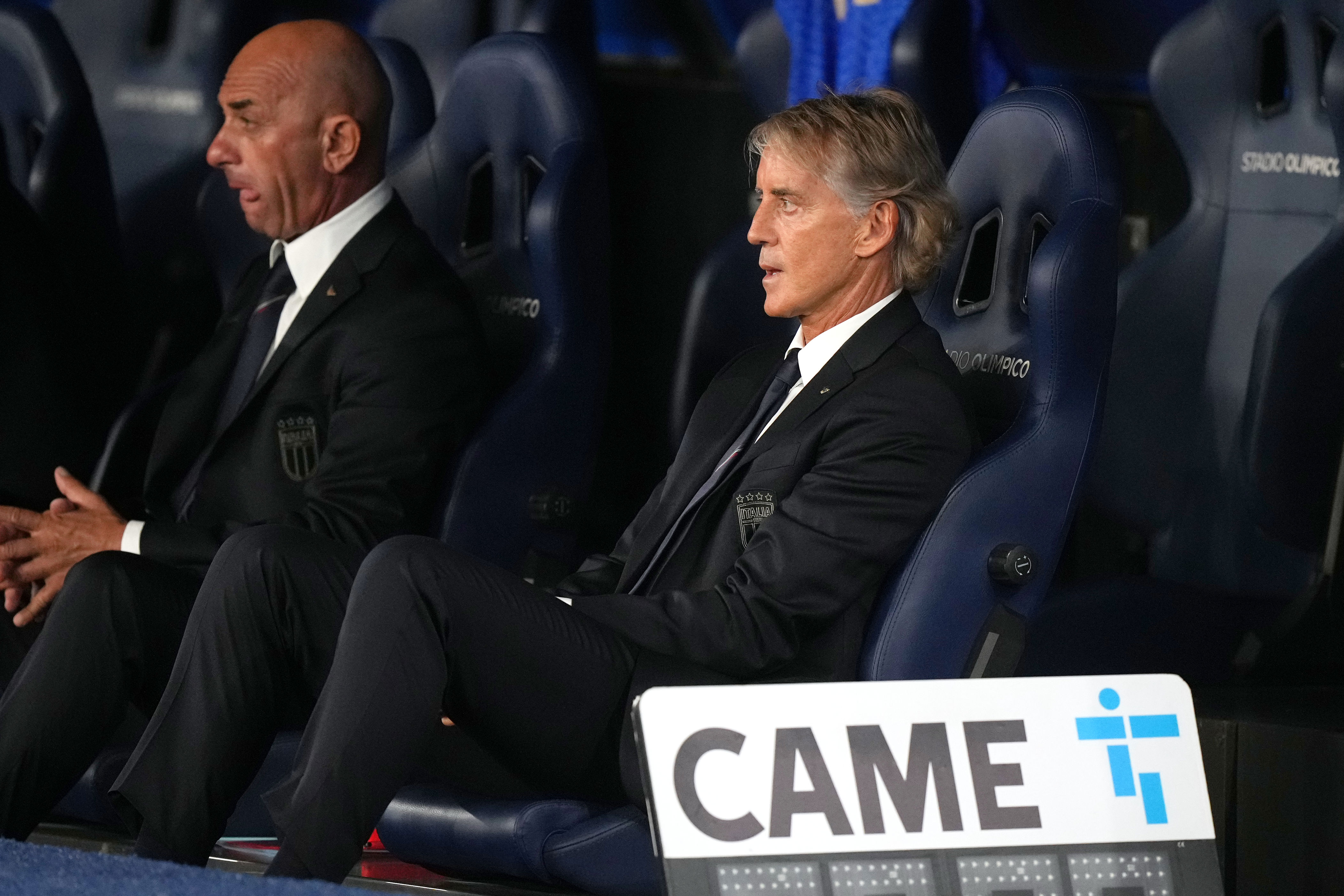 Italy head coach Roberto Mancini sits on the bench during the Nations League soccer match between Italy and Belgium in Rome, Friday, Sept. 25, 2026. (AP Photo/Andrew Medichini)