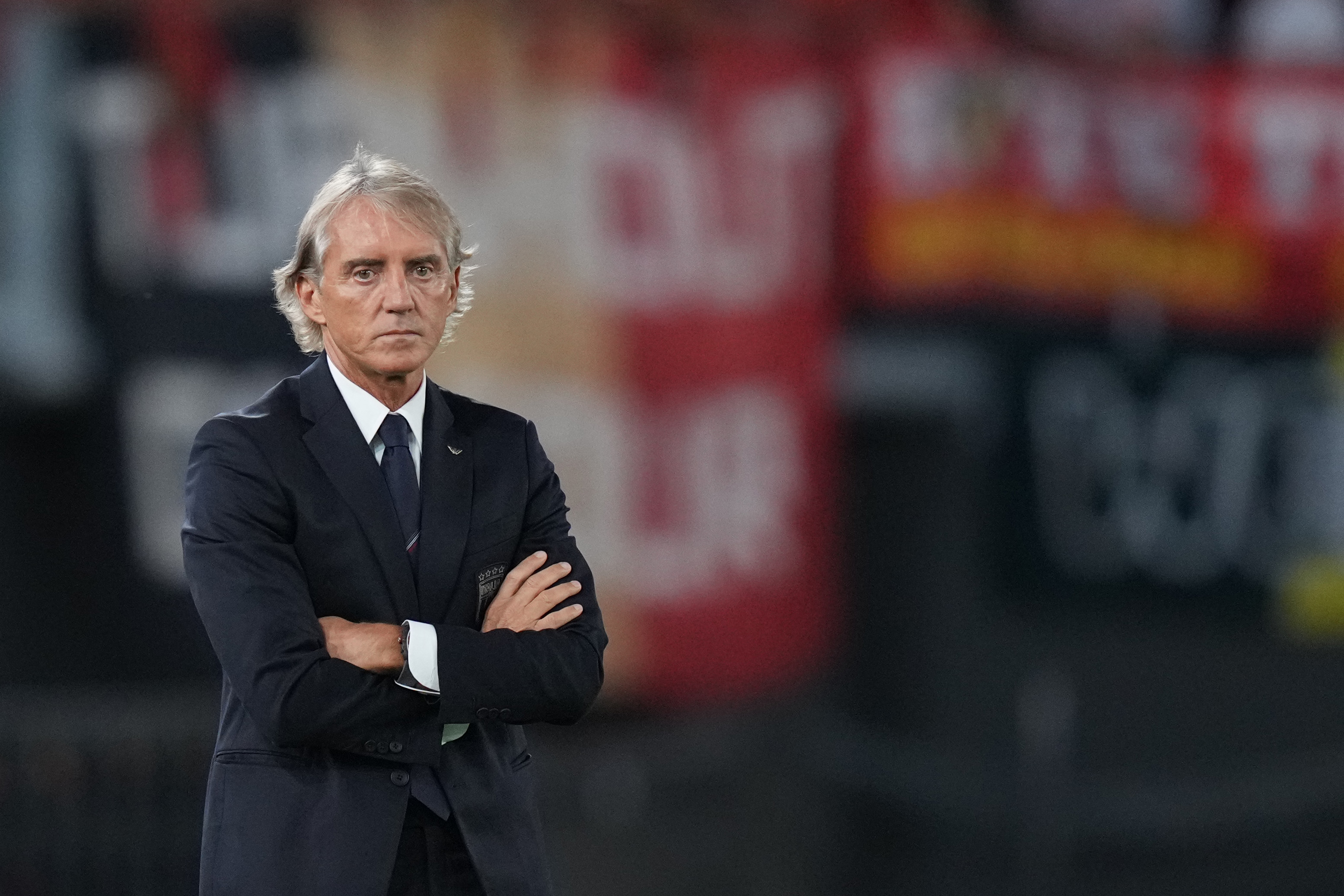 Italy head coach Roberto Mancini watches during the Nations League soccer match between Italy and Belgium in Rome, Friday, Sept. 25, 2026. (Alfredo Falcone/LaPresse via AP)